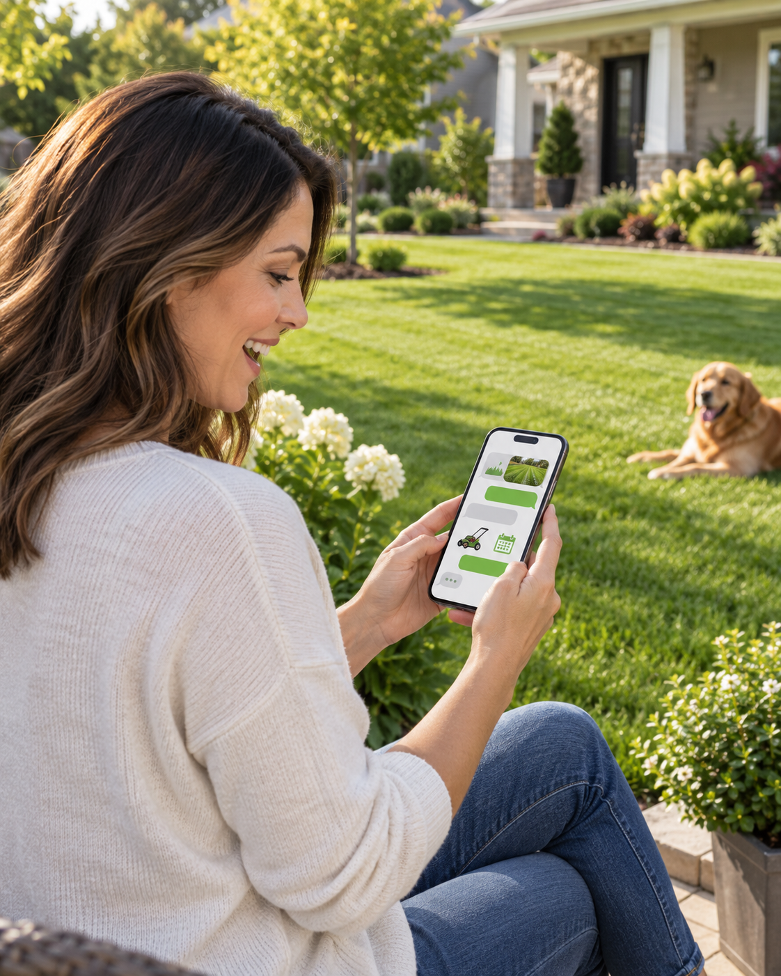 A homeowner using a phone to discuss lawn care